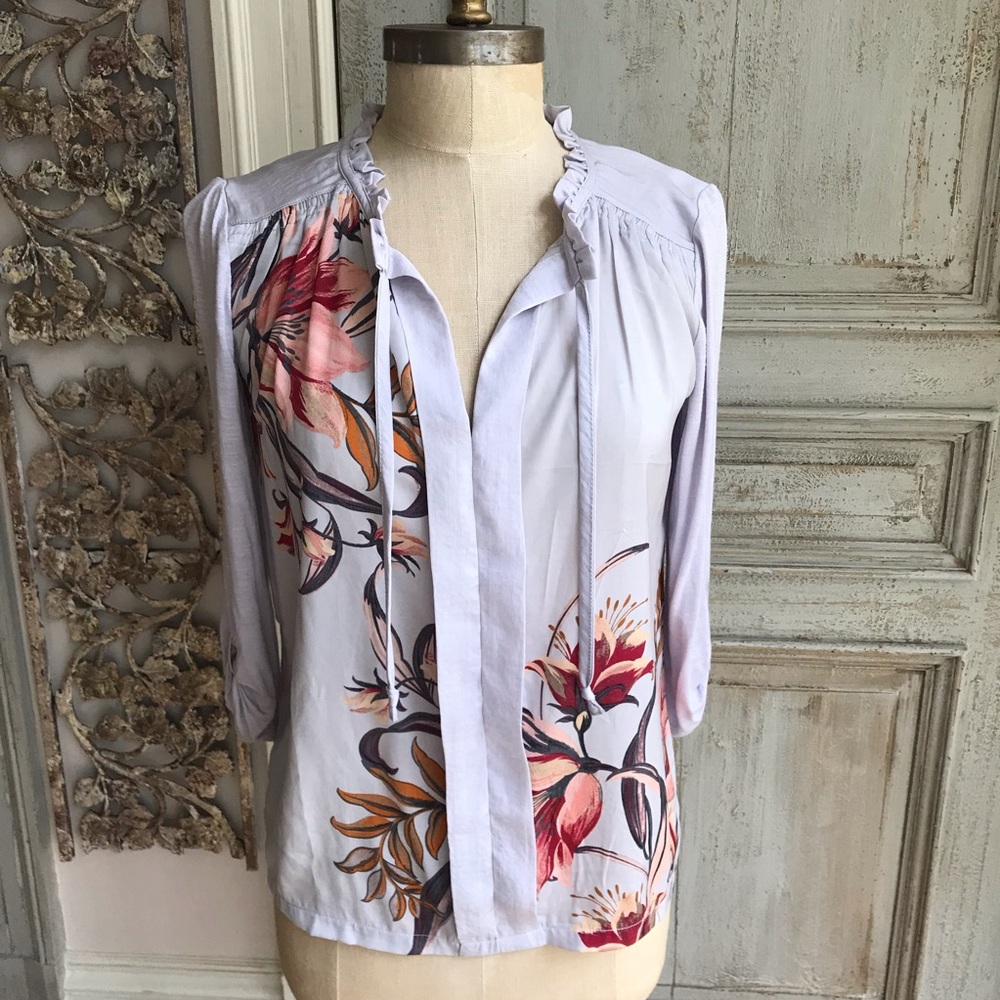 Floral quarter sleeve lilac blouse Anthropologie
